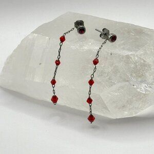 Dainty Drop Earrings -  Silver Tone Chain with Red Glass Faceted Chips
